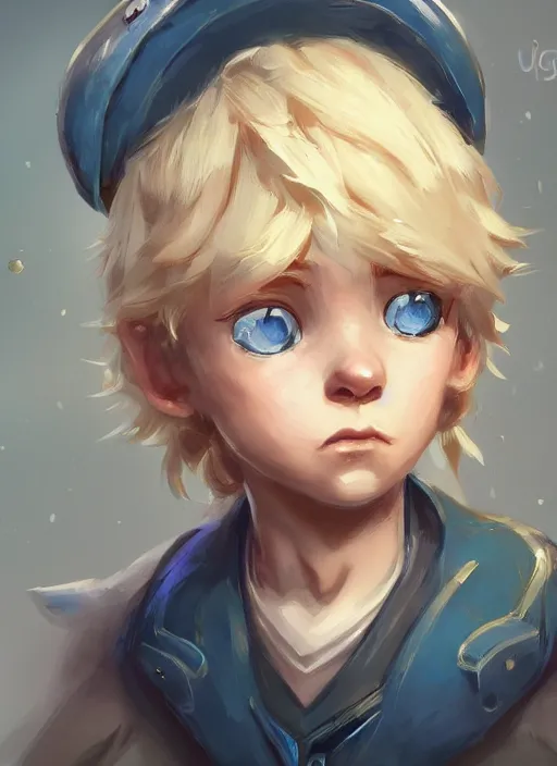 Image similar to a highly detailed illustration of cute little blonde blue eyes boy, wide eyed adventurous pose, intricate, elegant, highly detailed, centered, digital painting, artstation, concept art, smooth, sharp focus, league of legends concept art, WLOP