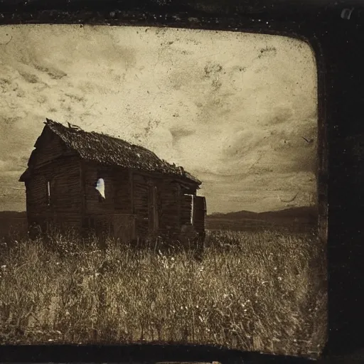 Prompt: a beautifuly detailed oil painting of an abandoned old cottage some distance from the water by ansel adams tintype 1 8 0 0 s cinematic lighting,