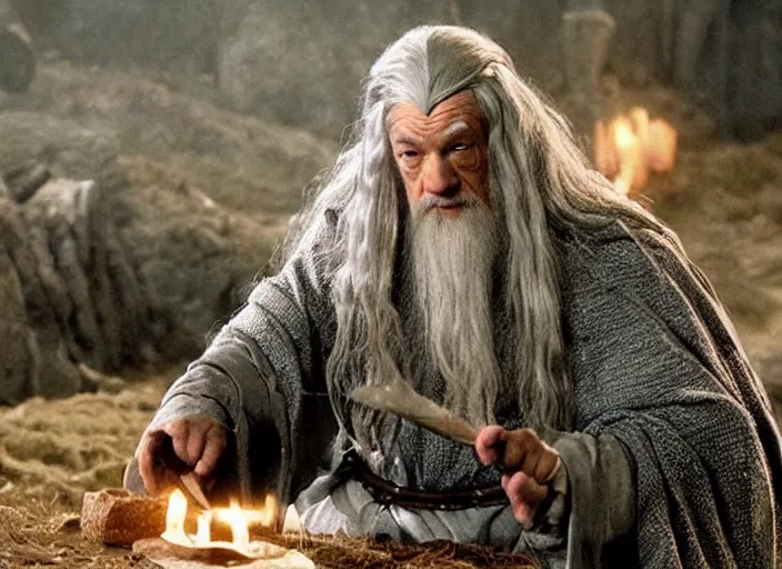Prompt: a scene from Lord of the Rings with Gandalf as a loaf of bread