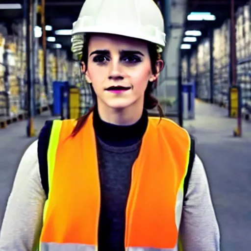 Image similar to photo, close up, emma watson in a hi vis vest, in warehouse, android cameraphone, still from industrial training video, 2 6 mm,