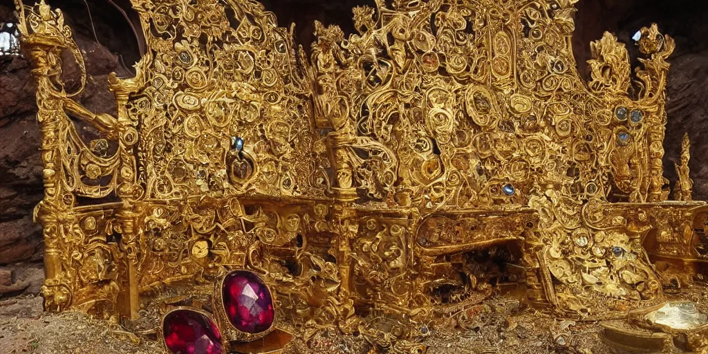 Image similar to archeological discover of golden throne decorated with gems and other precious things