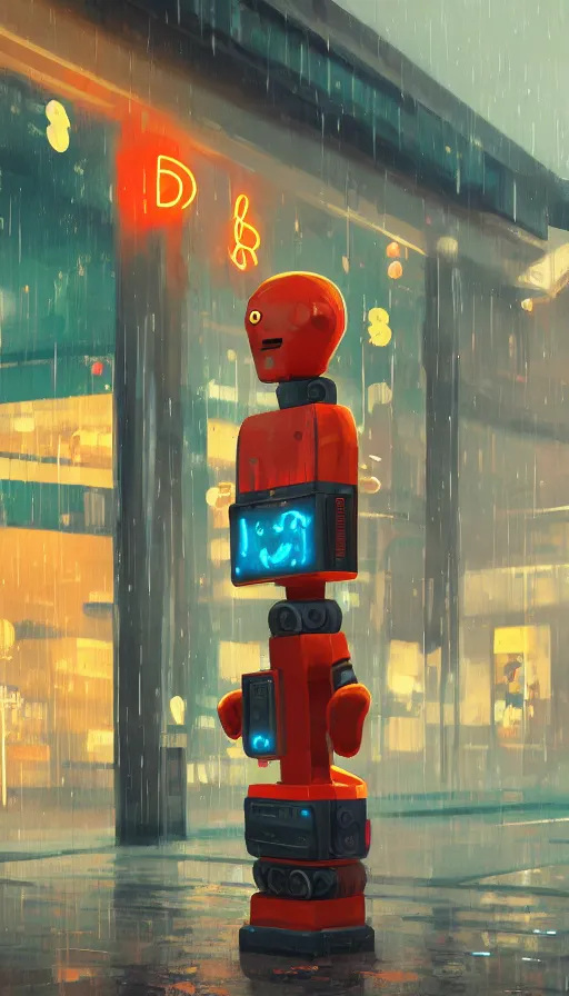 Image similar to arcade cabinet robot begging for coins in the rain, sharp focus, james gilleard, cinematic, game art, extremely detailed digital painting, print