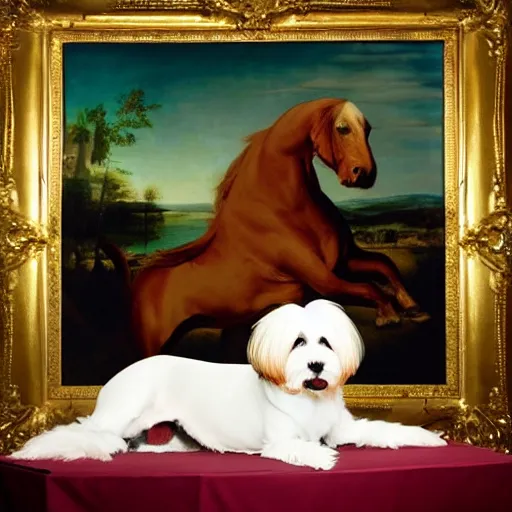 Image similar to a cream - colored havanese laying on top of a plastic sequined horse, a renaissance painting in the background, photo by david lachapelle, behance, transgressive art, renaissance painting, freakshow, official art