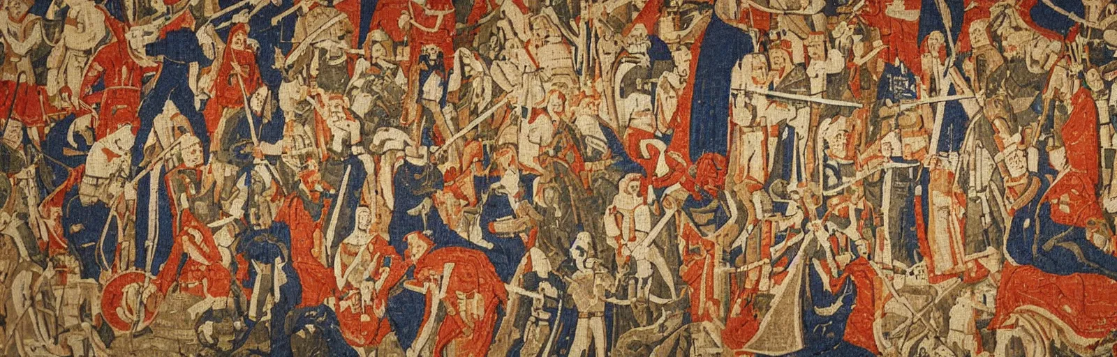 Prompt: a medieval tapestry depicting the star wars saga