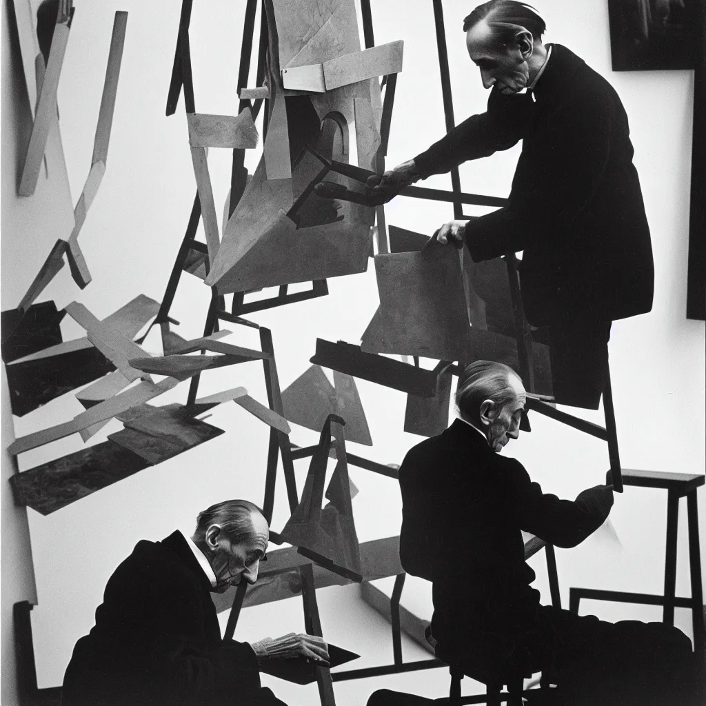 Image similar to a long exposure shot of Marcel Duchamp working on a readymade object, archival pigment print