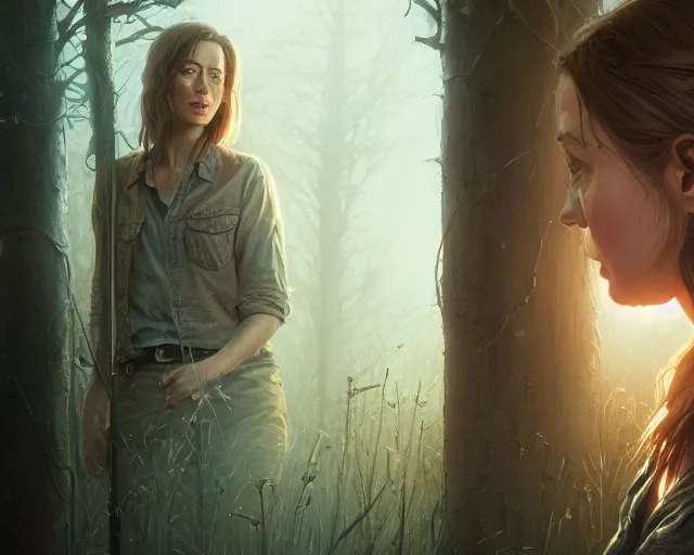 Image similar to highly detailed portrait of emily blunt, in the walking dead, stephen bliss, unreal engine, fantasy art by greg rutkowski, loish, rhads, ferdinand knab, makoto shinkai and lois van baarle, ilya kuvshinov, rossdraws, tom bagshaw, global illumination, radiant light, detailed and intricate environment