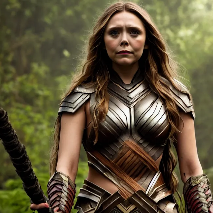 Prompt: professional full body photograph of elizabeth olsen as an amazon warrior. Extremely detailed. 8k