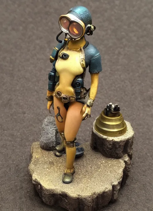 Prompt: 80mm resin detailed miniature of a Diver woman, steampunk diving helmet, stomach, navel, belly, boots, symbol, textured base; Miniature Product Photos, 4K, view from front