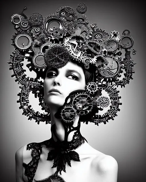 Image similar to surreal black and white photo portrait of complex bio-mechanical beautiful young female vegetal-cyborg with a Mandelbrot fractal steampunk metal fine lace face, a very long neck and a fine metal floral foliage super big lace collar by Alexander McQueen:: smoke, high fashion, haute couture, rococo, steampunk, silver filigree details, anatomical, facial muscles, cable wires, microchip, elegant, dreamy, foggy atmosphere, hyper realistic, 150 mm lens, soft rim light, octane render, unreal engine, picture was taken in 1910 by Man Ray, volumetric lighting, dramatic light,8k,