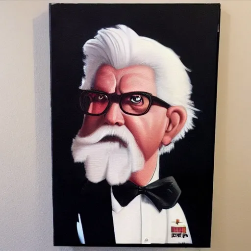 Image similar to an ultra - realistic portrait painting of colonel sanders in the style of frank frazetta. 4 k. ultra - realistic. highly detailed. dark fantasy. epic lighting.