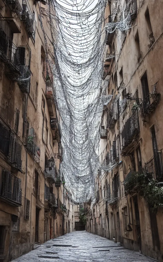 Prompt: an alley in an old italian city owergrown by futuristic organic architectural structures, they look like spiderwebs but have little lights an devices here and there, people are walking underneath the structures, in the style of an architectural rendering with octance, ambient occlusion, global illumination