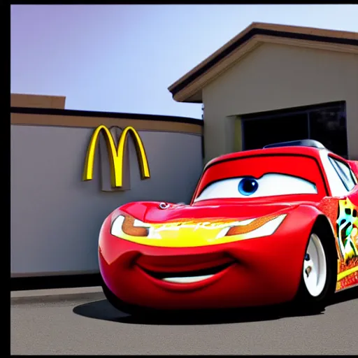 Image similar to photorealistic lightning mcqueen from cars at the mcdonalds drive through, award winning candid photography