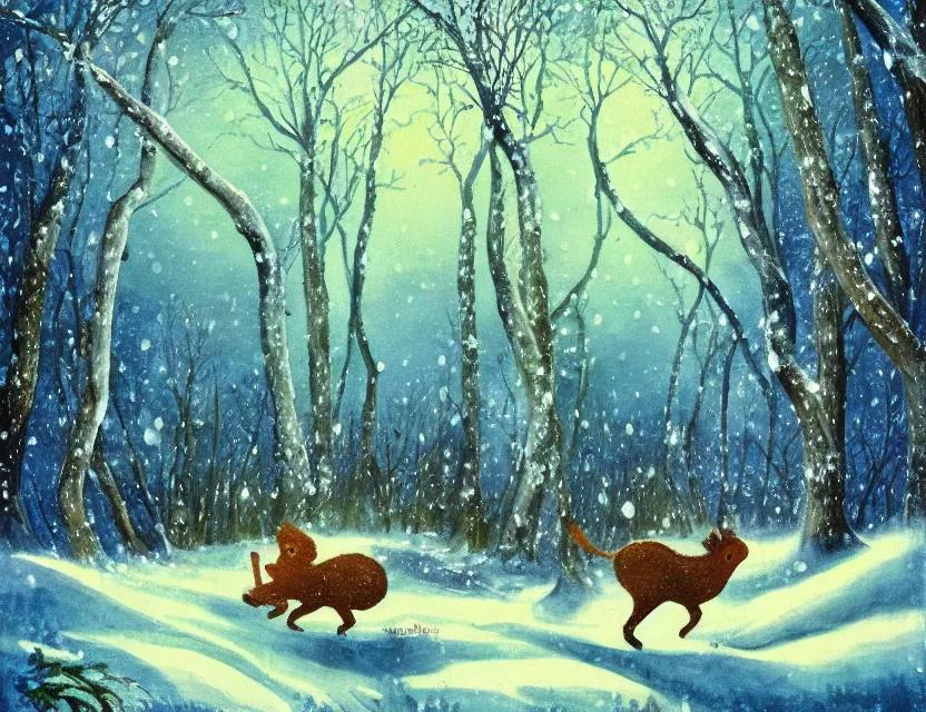 Prompt: lush chia animal frolicking in snowy woods, stormy skies. russian fairytale art, gouache, dynamic composition, backlighting