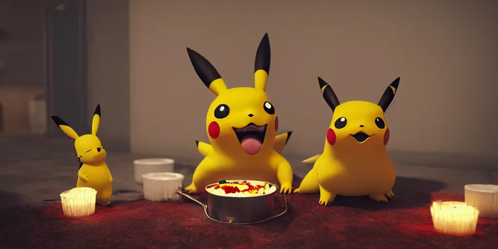 Image similar to pikachu devouring and eating and killing a dog sharp teeth burtal eyes scary mouth dark room red candles trash bin octane unreal engine render 8k photorealistic extreme detail textured