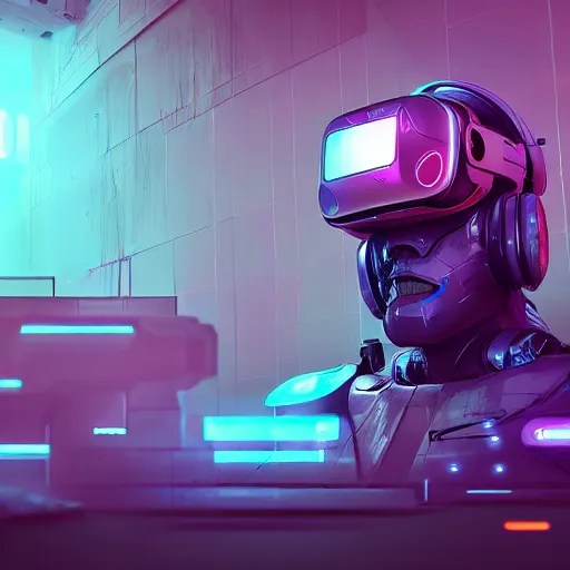 Image similar to cyberpunk concept bot, cinema 4 d, galaxy space sci - fi, wearing vr goggles, illustration, portrait, pastel neon textured background night, trending on artstation, greg rutkowski, octane rendered, 1 2 k, detailed,