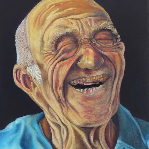 Image similar to an unsettling painting of a smiling old man in pain