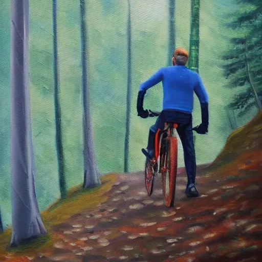 Image similar to man biking up a steep forest hill with a deep blue sweater. sweaty. Oil painting. Emotional. Trending on artstation. Steep. Trees.