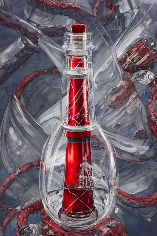 Prompt: a red and white lighthouse inside a clear bottle, very fancy whiskey bottle, intricate concept painting by ayami kojima, daytoner, greg tocchini, james jean, yoshitaka amano