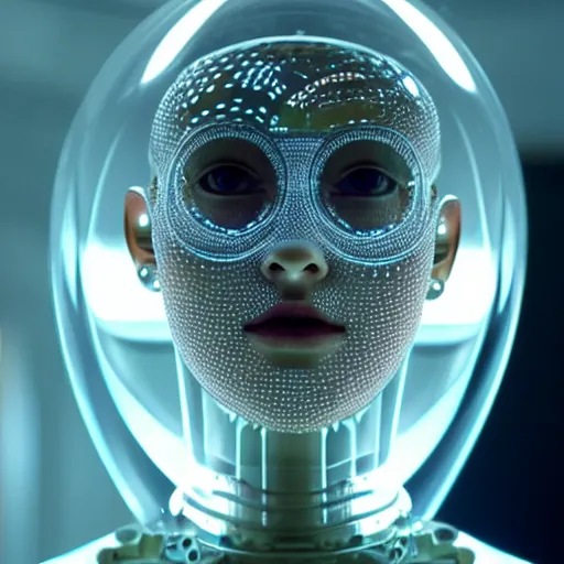 Prompt: portrait of humanoid robot from ex machina, transparency, transparent, glass dome, see - through, gears and lights, cinematography by stanley kubrick, intricate, elegant