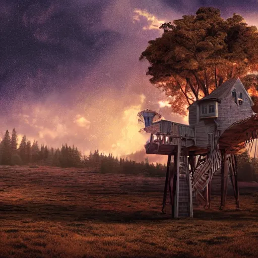 Prompt: an lone haunted treehouse on the moon, in a storm, golden hour, ray tracing reflection, 8k, hyper realistic, insanely detailed, hdr, octan render,