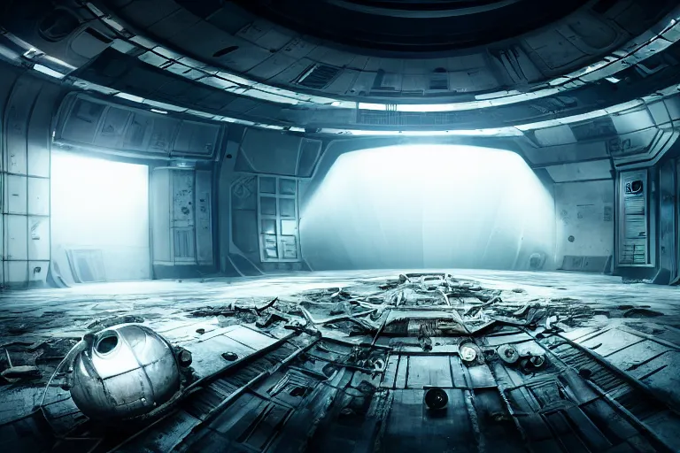 Image similar to set design for a science fiction movie on a derelict space station, cinematic, elegant, professional studio light, real dlsr photography, sharp focus, 4 k, ultra hd, sense of awe, high fashion