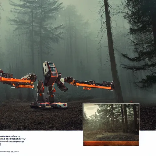 Image similar to A panoramic photograph of a giant robot working on a workstation in an uniform printing photos on a giant printer, around him 5 people are standing in a misty forest grove, large landscape, stars overhead, by Greg Rutkowski, 4k photorealistic, volumetric lighting, HD, high details, dramatic, trending on artstation