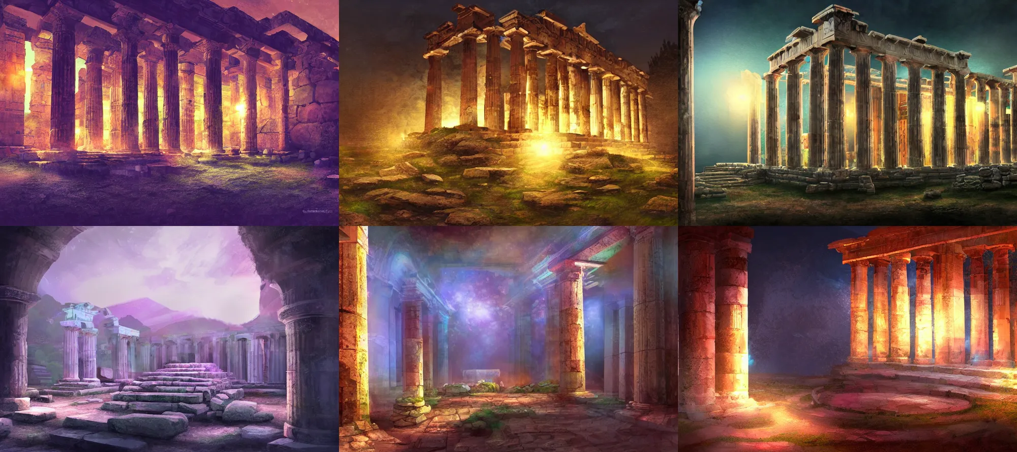 Prompt: closeup, inside ancient greek ruins, digital painting, concept art, fantasy, colourful, at night, volumetric lighting