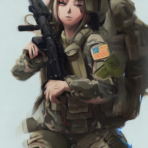 Prompt: anime girl in a united states army special forces uniform, digital art, portrait, krenz cushart, christopher balaskas