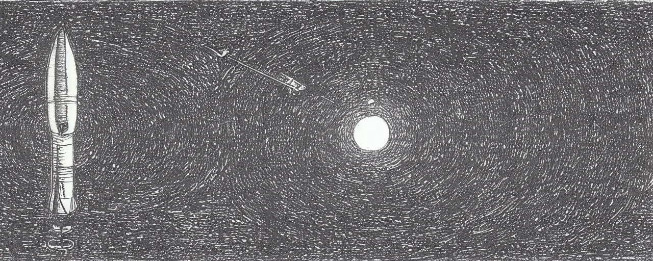 Image similar to A drawing of the moon with a rocket flying away, by Sol LeWitt