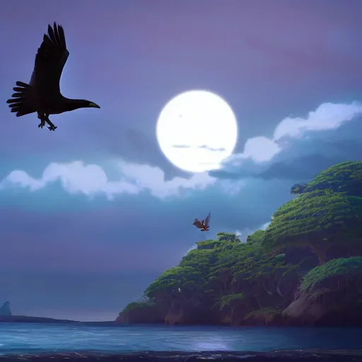 Image similar to a wholesome animation key shot of a crow flying towards an island in the night, medium shot, studio ghibli, pixar and disney animation, sharp, rendered in unreal engine 5, anime key art by greg rutkowski, bloom, dramatic lighting