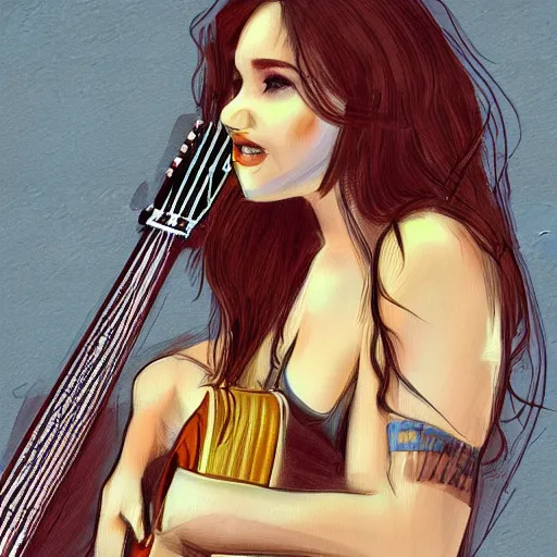 Prompt: a sketch drawing, girl playing the guitar, long hair, plump lips by gabo mendoza, trending on artstation