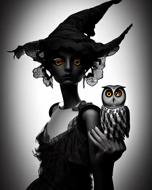 Image similar to surreal mythical dreamy dark artistic black and white fine art 3 / 4 fashion portrait photo of a young beautiful delicate female robot - witch - owl with orchid - doll face, rim light, cinematic, studio dramatic light, poetic, masterpiece, octane render, 8 k, photo - realistic by gustave dore william black