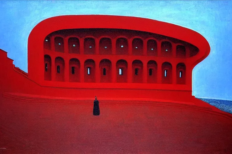 Image similar to only with red, a red melted emperor, taormina amphitheatre, crowd hails him happy, in the style of beksinski, parts by edward hopper, parts by rodcenko, parts by yue minjun, intricate and epic composition, red by caravaggio, insanely quality, highly detailed, masterpiece, red light, artstation, 4 k