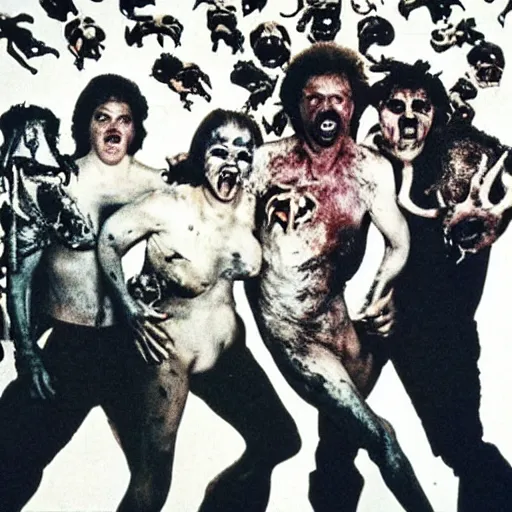 Image similar to big budget body horror movie with the thing eating animals and creating art on the wall with their bodies. 1980s horror movie photograph.