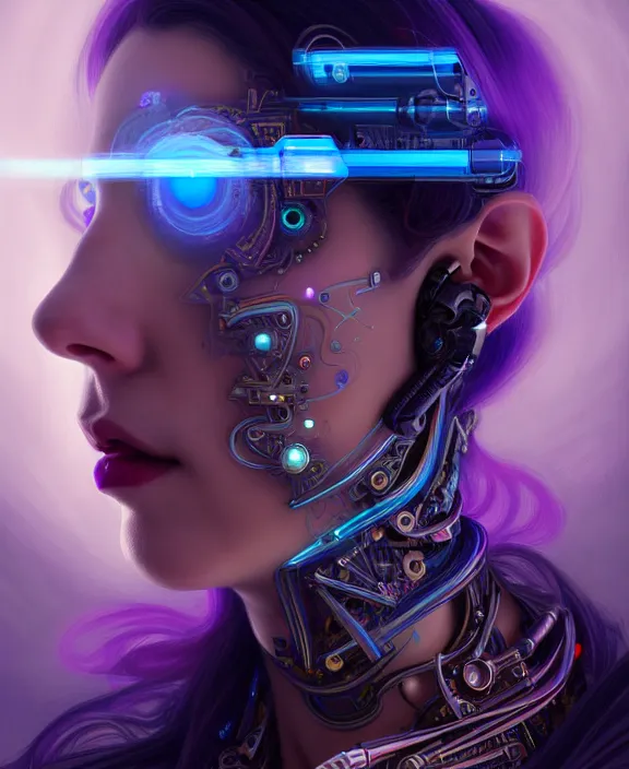 Image similar to a whirlwind of souls rushing inside the metaverse, hologram, half body, neurochip, shaved temple, piercing, jewelry, android, cyborg, cyberpunk face, by loish, d & d, fantasy, intricate, elegant, highly detailed, colorful, digital painting, artstation, concept art, art by artgerm and greg rutkowski and alphonse mucha