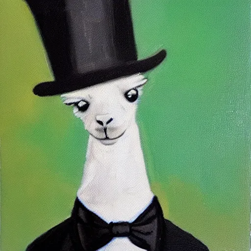 Image similar to an oil painting of a llama wearing a tuxedo and top hat