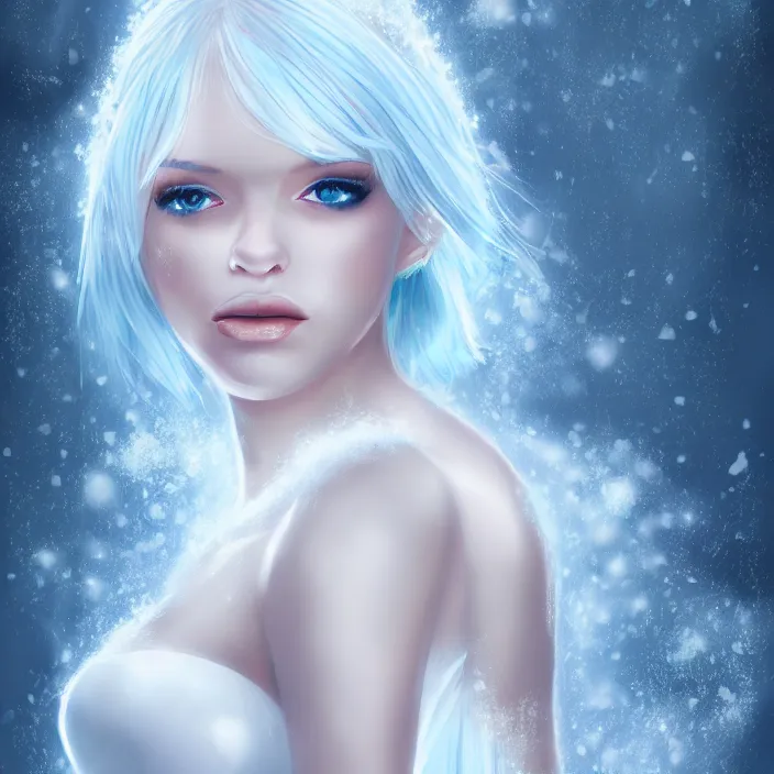 Image similar to full body portrait of a stunningly beautiful woman with pale blue hair wearing a white dress made out of snowflake in the middle of a raging snowstorm. award - winning digital art, trending on artstation