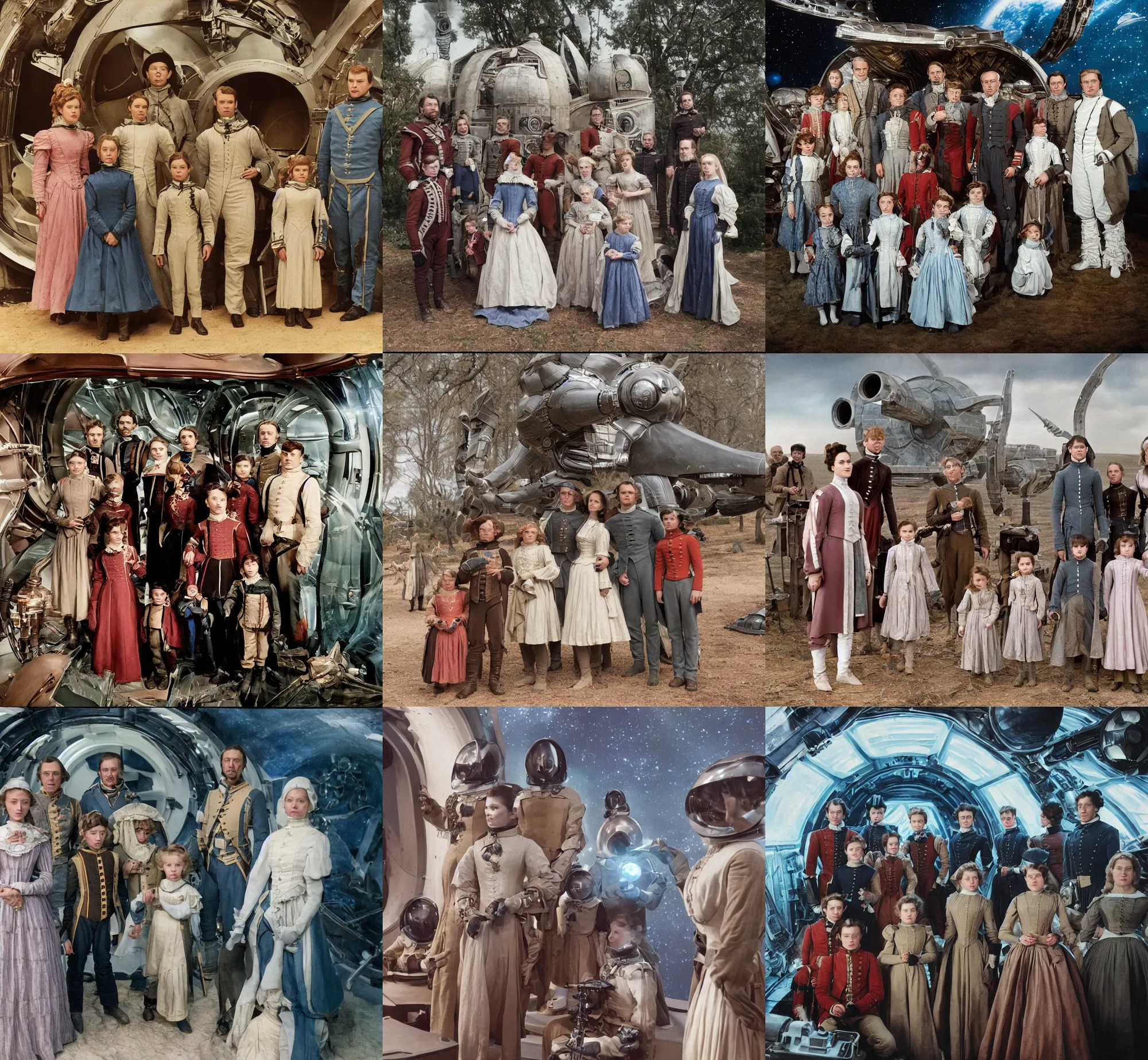 Prompt: sharp, highly detailed, 9216k film, 17150mm film still from a sci fi blockbuster color movie made in 2019, set in 1860, of a family standing in front of their spaceship, on an alien planet, the family are all wearing 1860s era clothes, good lighting, in focus, 350mm f/1.4L lens