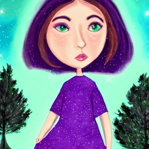 Image similar to an hd photo of a young woman with short brown hair and green eyes, purple dress, beautiful trees in the background, night sky with stars and galaxies, trending on artstation