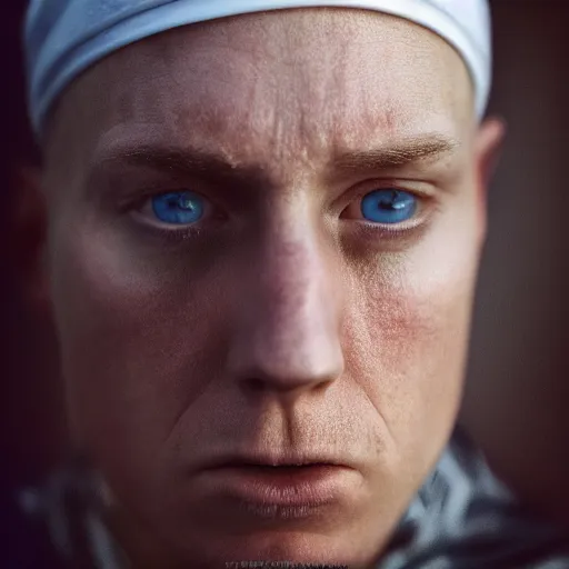 Image similar to closeup portrait of eminem converts to islam, depth of field, zeiss lens, detailed, symmetrical, centered, fashion photoshoot, by Annie Leibovitz and Steve McCurry, David Lazar, Jimmy Nelsson, Breathtaking, 8k resolution, extremely detailed, beautiful, establishing shot, artistic, hyperrealistic, beautiful face, octane render