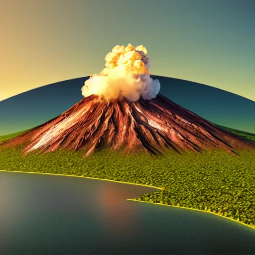 Prompt: hyper realistic surreal landscape with a active volcano on an island with flying rabbits 4 k