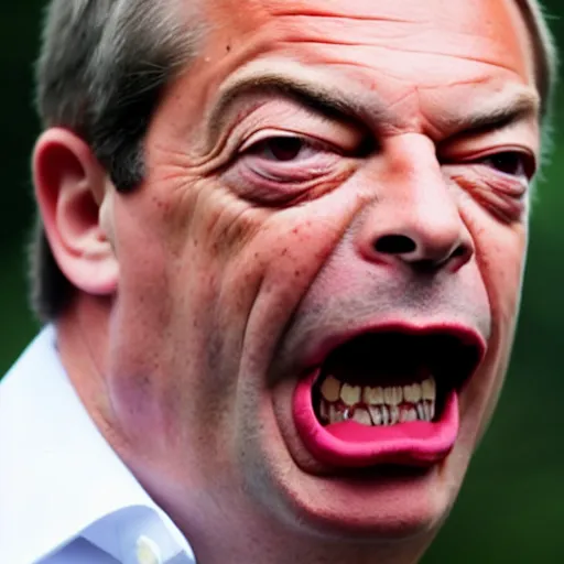 Image similar to nigel farage with black eyes angry screaming with spiders crawling out of his mouth
