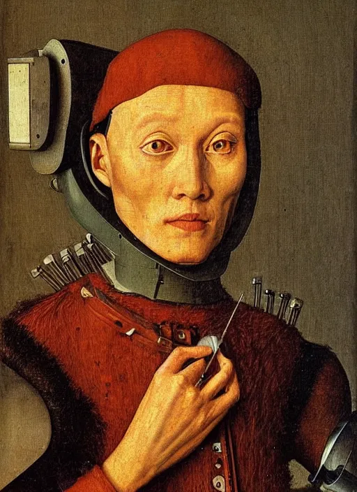 Image similar to a portrait of a cyborg by Jan van Eyck