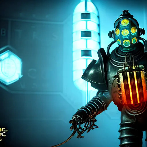 Image similar to isaac clarke as a bioshock big daddy, unreal engine 5, bioshock deadspace, high detail 3 d render,