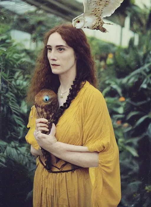 Image similar to Pre - raphaelit grainy head to shoulder portrait Polaroid film photograph of an elegant lovely woman wearing a yellow kimono with a very detailed barn owl on her shoulder!!! in a tropical greenhouse. looking at the camera!!. slight smile. super resolution. Extremely detailed. face like Jennifer Connelly. Polaroid 600 film.