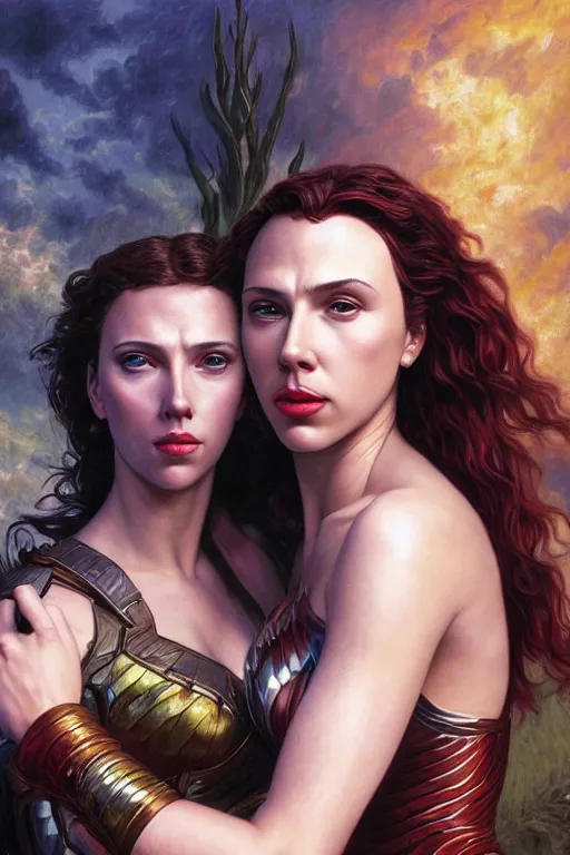 Prompt: A fantasy comic book style Oil Painting portrait of Scarlett Johansson and Gal Gadot, as Atlantean Reptilian Warriors, Mystical Valkyrie, unreal 5, DAZ, hyperrealistic, octane render, Regal, Refined, Detailed Digital Art, RPG portrait, William-Adolphe Bouguereau, Michael Cheval, Walt Disney (1937), François Boucher, Steampunk, Josephine wall, dynamic lighting, Highly Detailed, Cinematic Lighting, Unreal Engine, 8k, HD