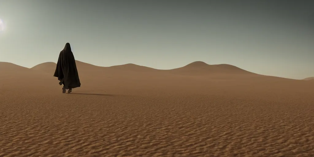 Prompt: a walker with a cloak walking in a desert where a mirage is taking place