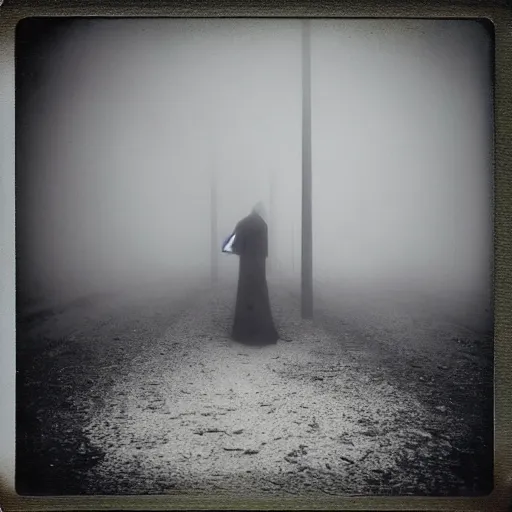 Image similar to the fog is thick shelter for ghosts, polaroid photography in style of andrey tarkovski, eerie, mystical, sublime