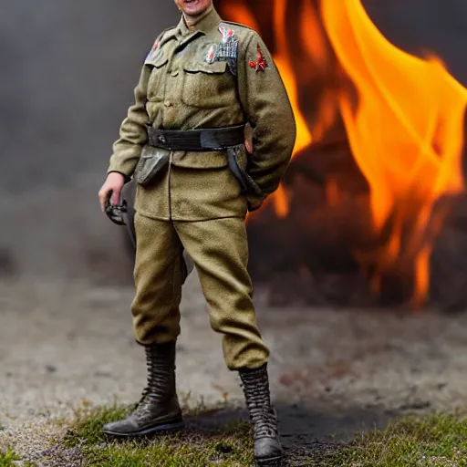 Prompt: 1/35 scale figurine of german ww2 soldier set on fire, burning plastic, scale model photography, 8k, hyper realistic