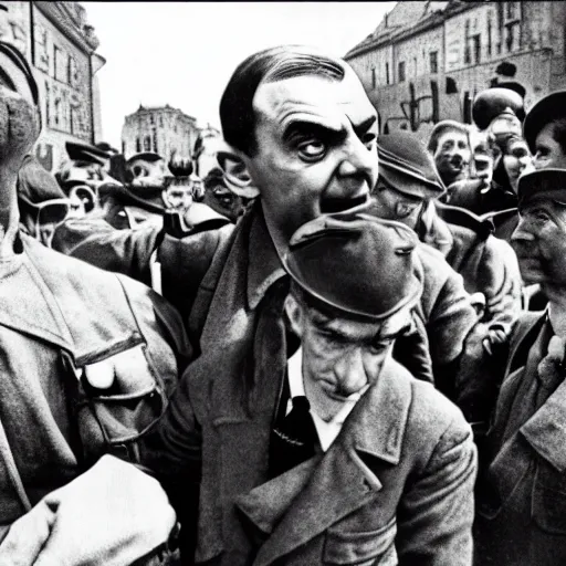 Image similar to mr bean at the nazi nuermberg rallies, historical, 1 9 4 0 s photo style, extreme detail, gritty, serious